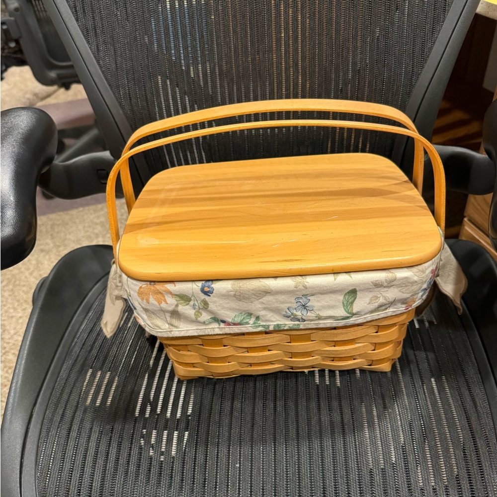 Longaberger basket with liner & inside clear organizer. Wooden lid.